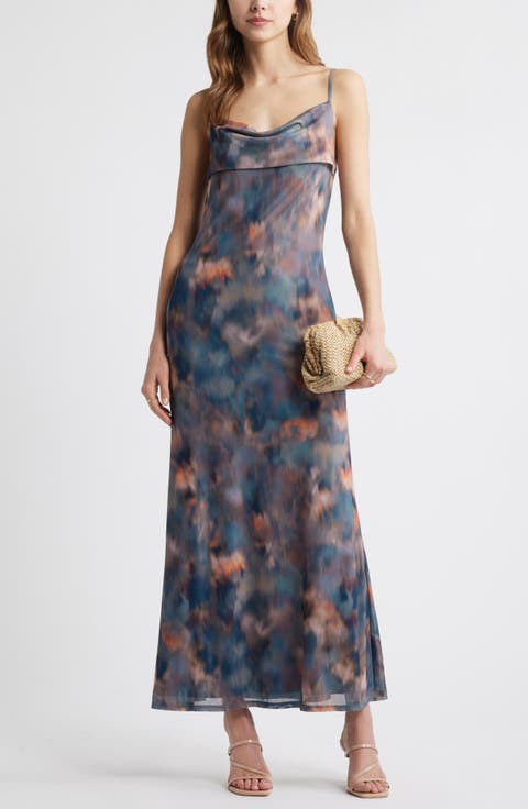 Print Mesh Maxi Dress