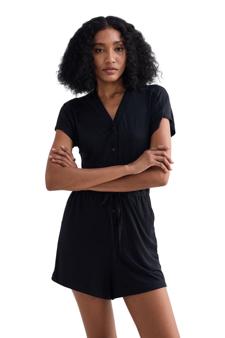 V neck Drawstring Knit Romper, Alternate, color, Black