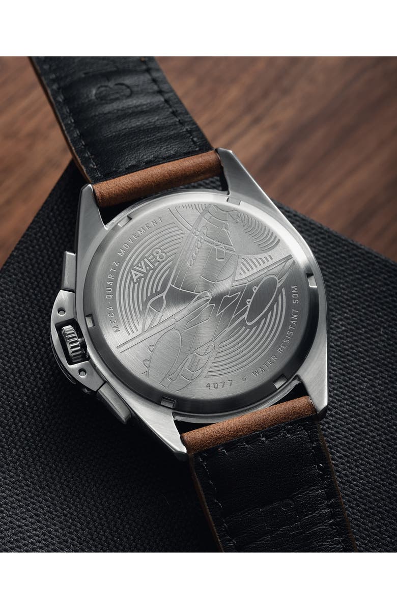 AVI-8 P-51 Mustang Blakeslee Chronograph Leather Strap Watch, 43mm, Alternate, color, Black