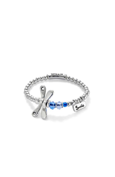 Elastic bracelet with sterling silver plated dragonfly with blue crystals