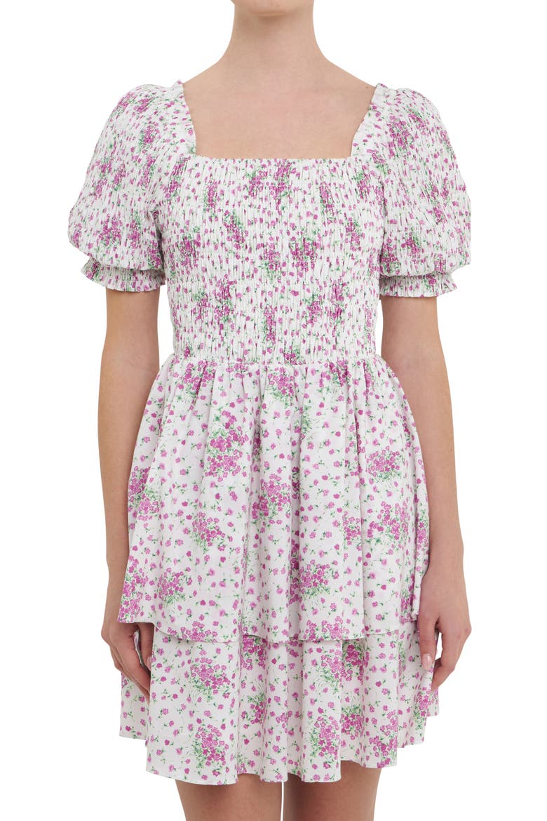 Floral Puff Sleeve Tiered Fit & Flare Minidress, Alternate, color, LILAC