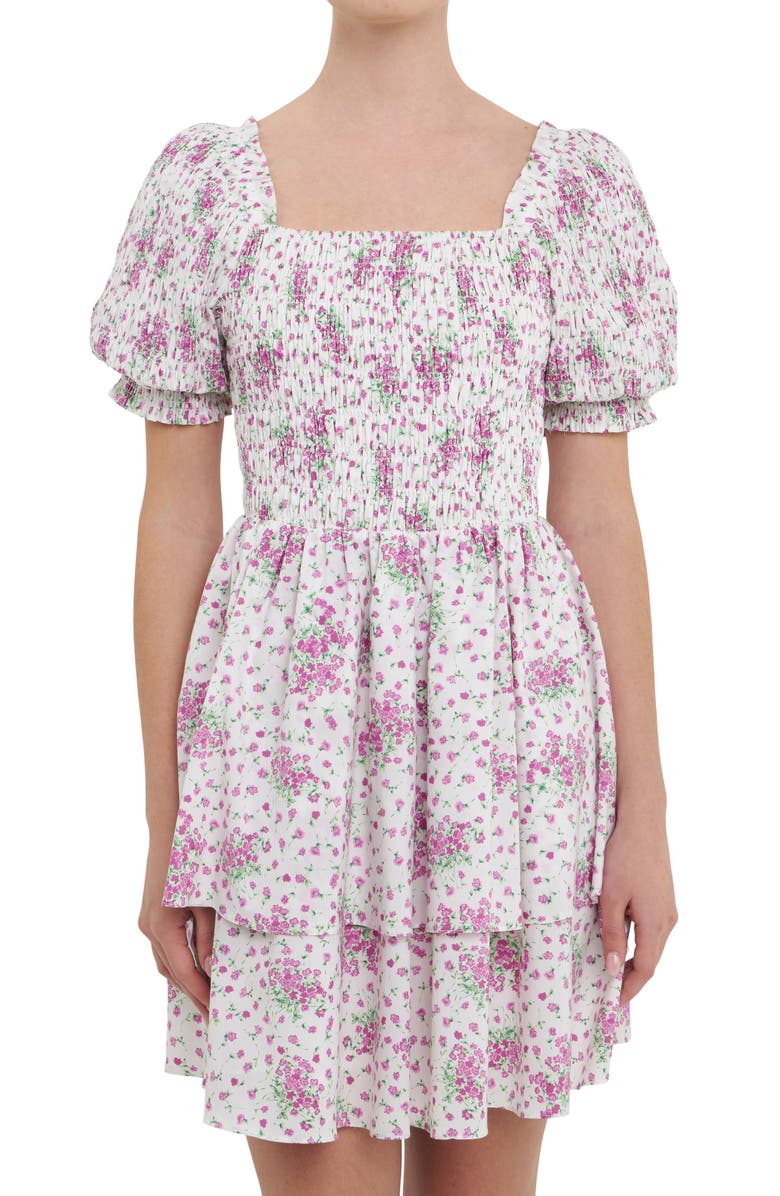 English Factory Floral Puff Sleeve Tiered Fit & Flare Minidress, Alternate, color, 