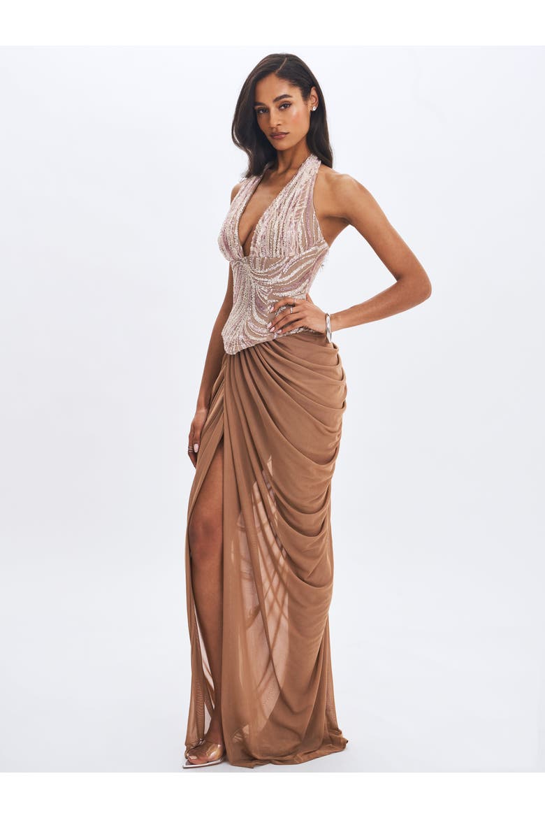 Nancie Beaded Halter Peplum Ruched Maxi Dress, Alternate, color, Apricot