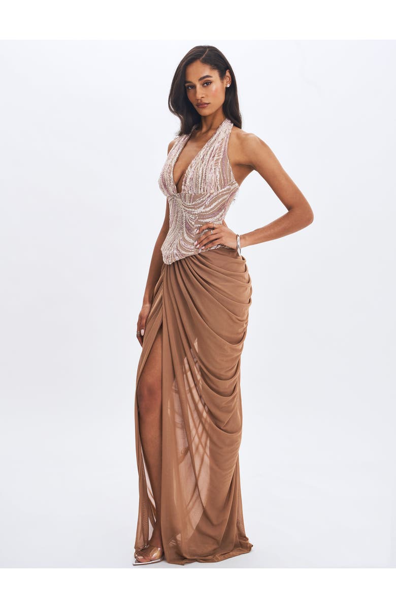Miss Circle Nancie Beaded Halter Peplum Ruched Maxi Dress, Alternate, color, Apricot