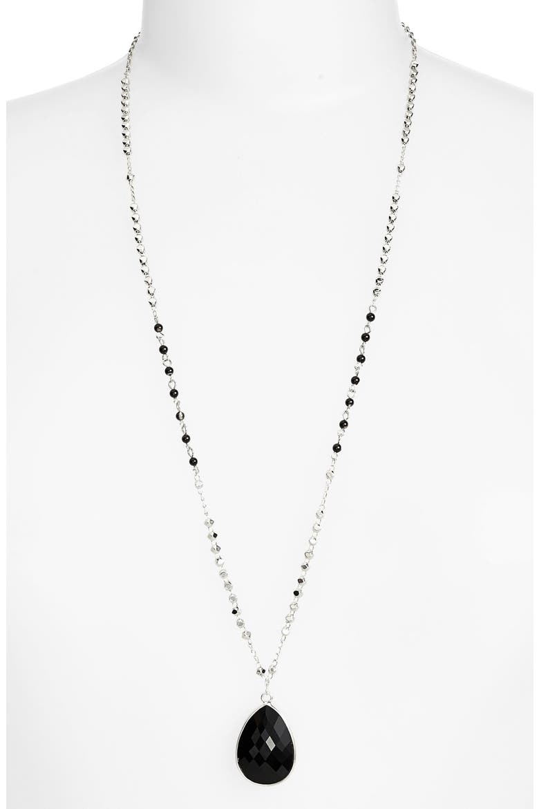 Long Beaded Stone Pendant Necklace, Main, color, CARBON/ SILVER