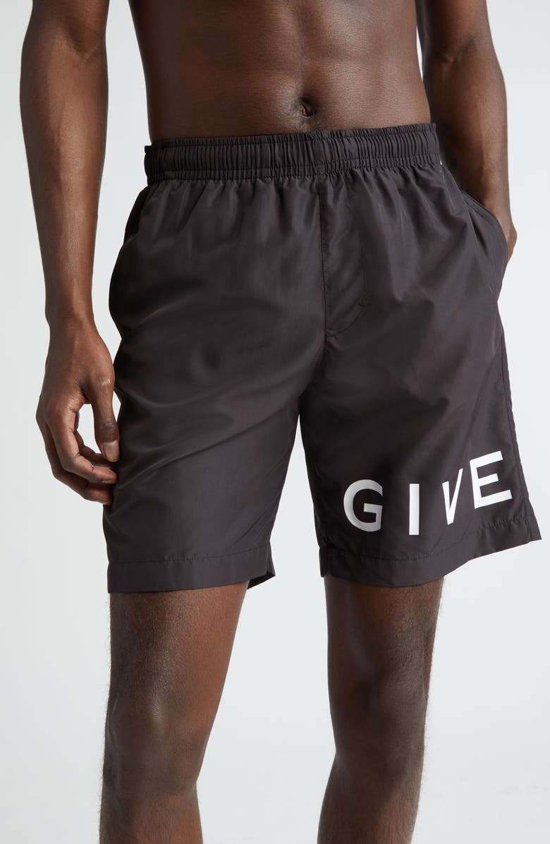 Givenchy Logo Swim Trunks, Main, color, Black/ White