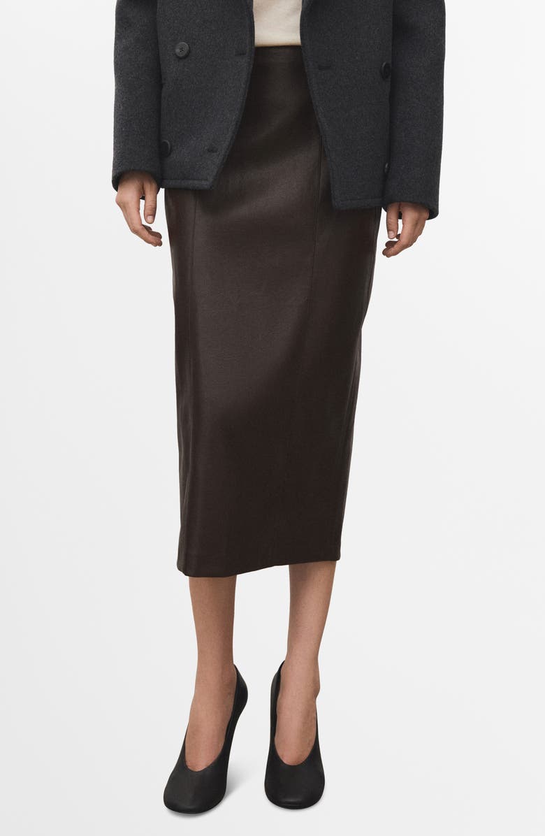 MANGO Faux Leather Midi Pencil Skirt, Main, color, Chocolate