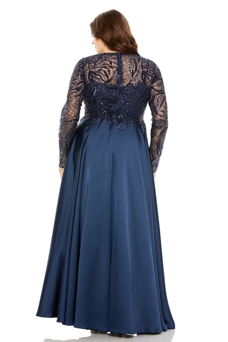 Sheer Long Sleeve Beaded Top Satin Gown, Alternate, color, Midnight