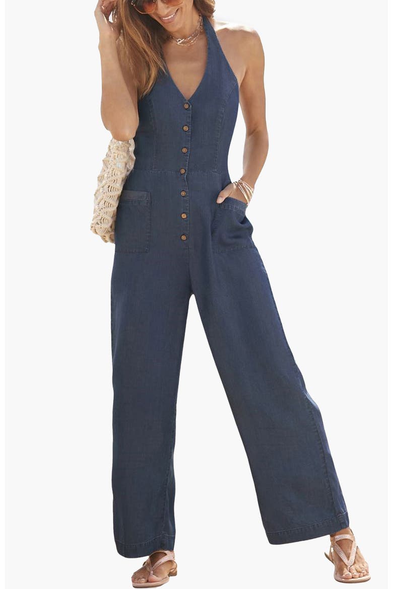 Denim Look Halterneck Jumpsuit, Main, color, Blue