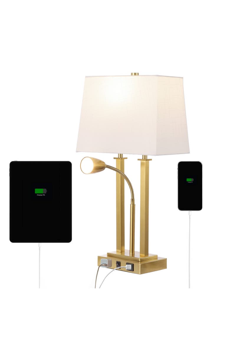 Blaire 23.75" 2-Light Modern Farmhouse Metal LED Table Lamp with USB Charging port, Main, color, Brass Gold