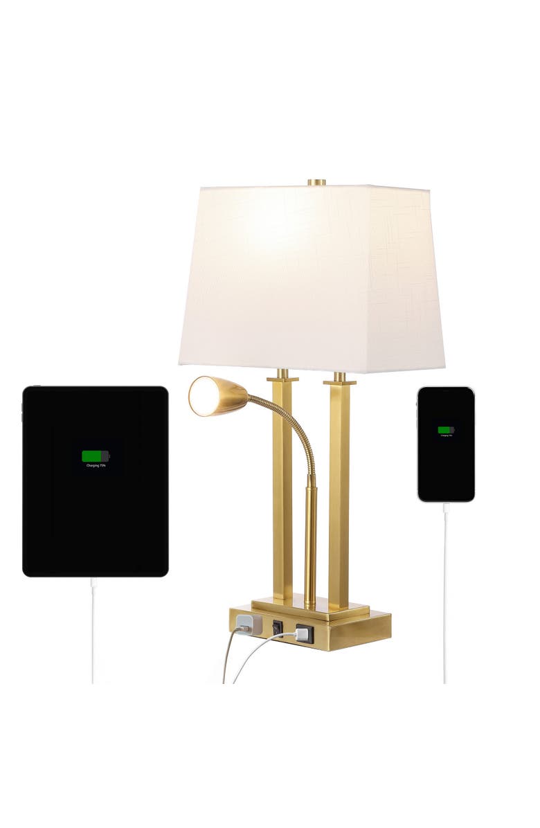 JONATHAN Y Blaire 23.75" 2-Light Modern Farmhouse Metal LED Table Lamp with USB Charging port, Main, color, Brass Gold