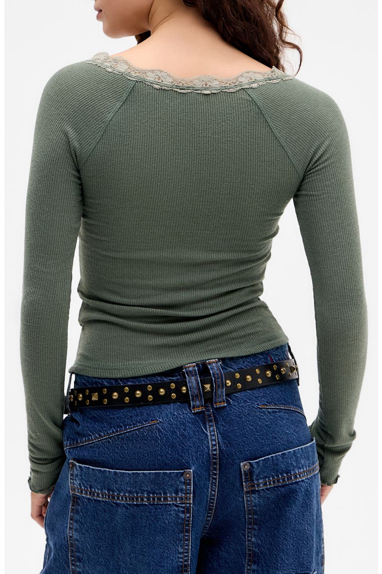 Diana Lace Trim Crop Rib Knit Henley, Alternate, color, KHAKI
