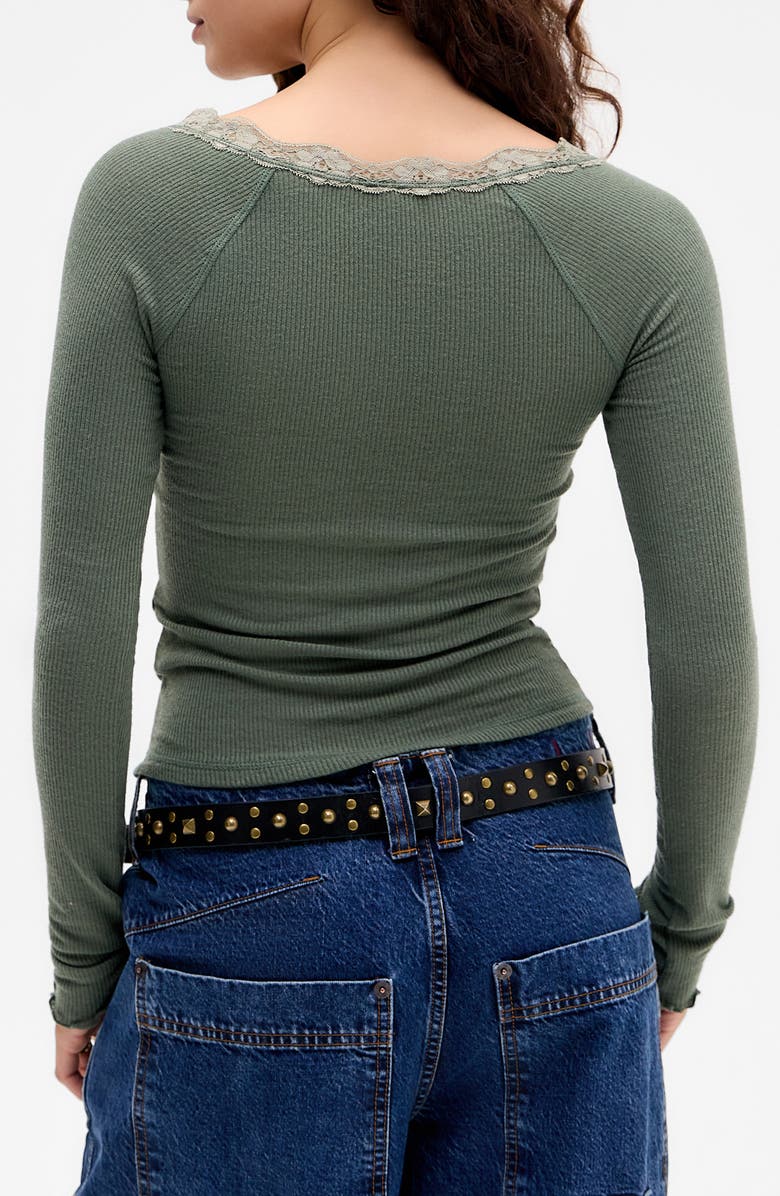 BDG Urban Outfitters Diana Lace Trim Crop Rib Knit Henley, Alternate, color, Khaki