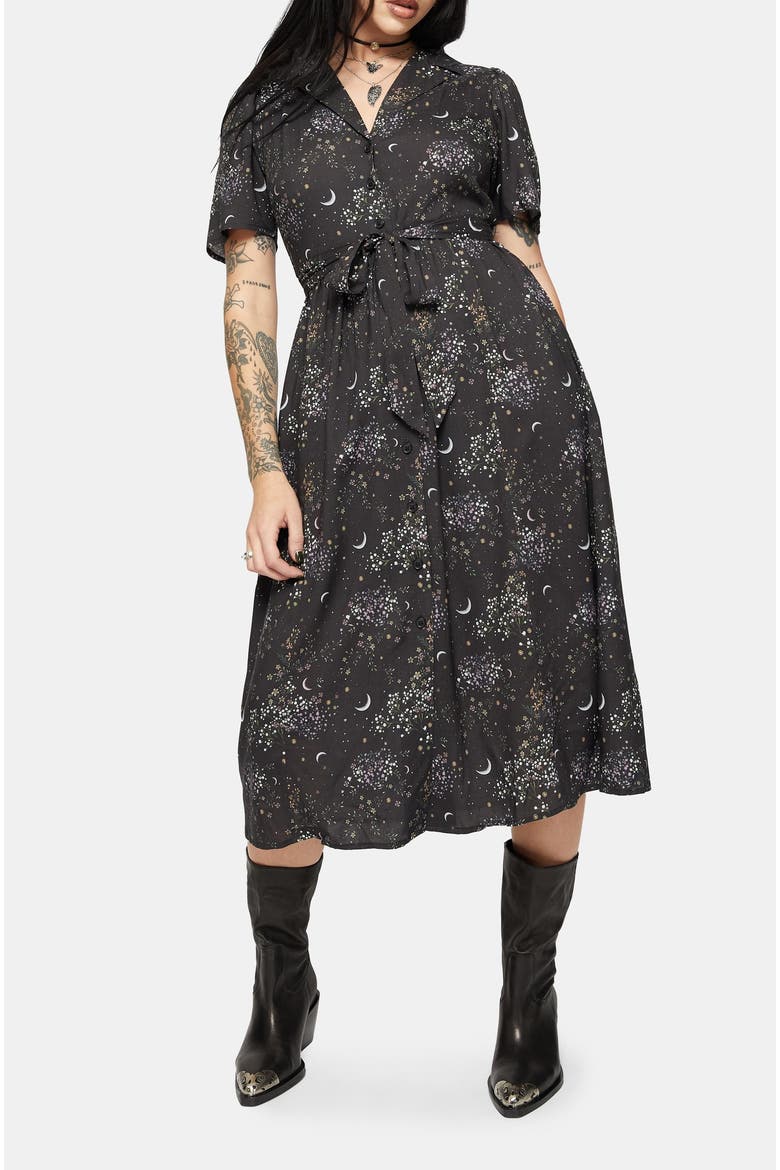 Peaseblossom Celestial Midi Shirt Dress, Alternate, color, Black