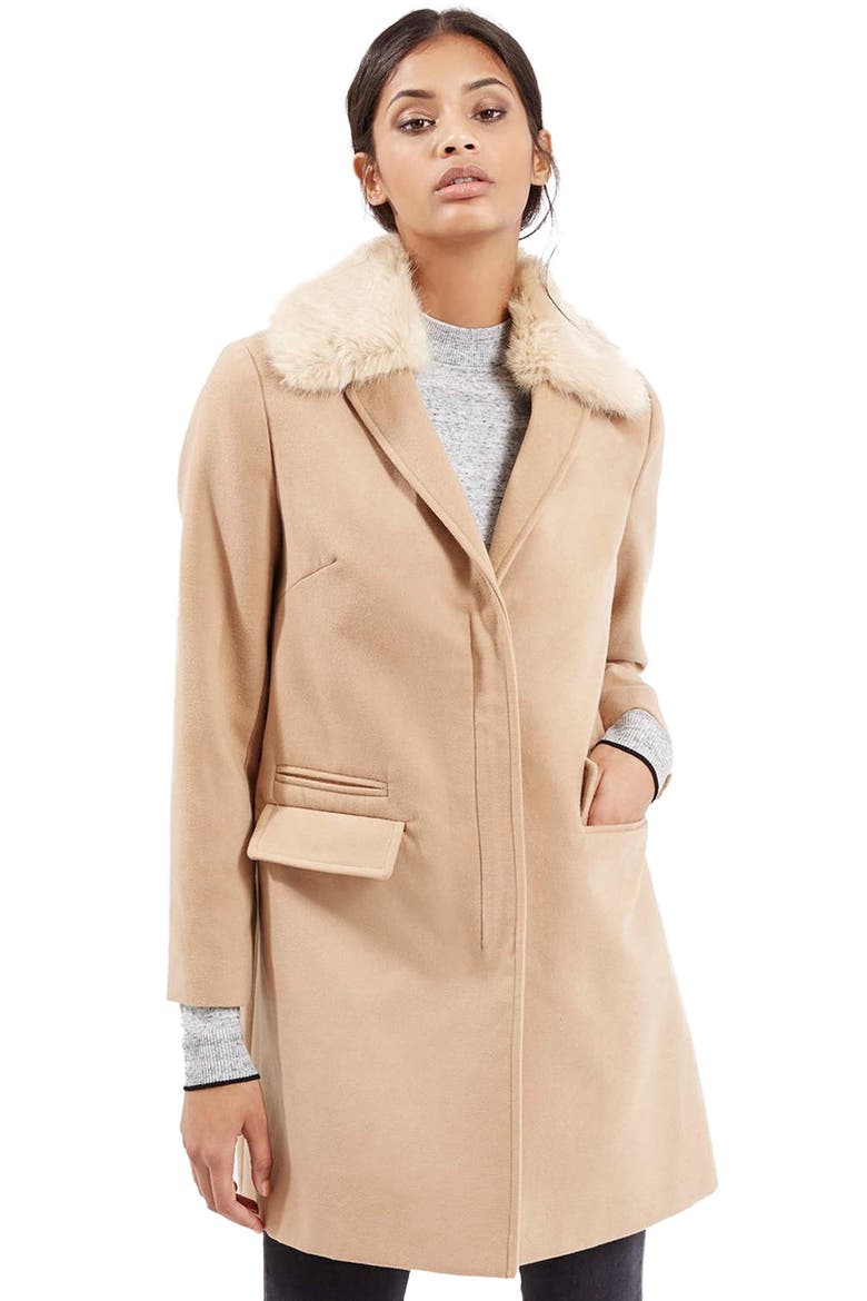 'Mia' Faux Fur Collar Slim Fit Coat, Main, color, CAMEL