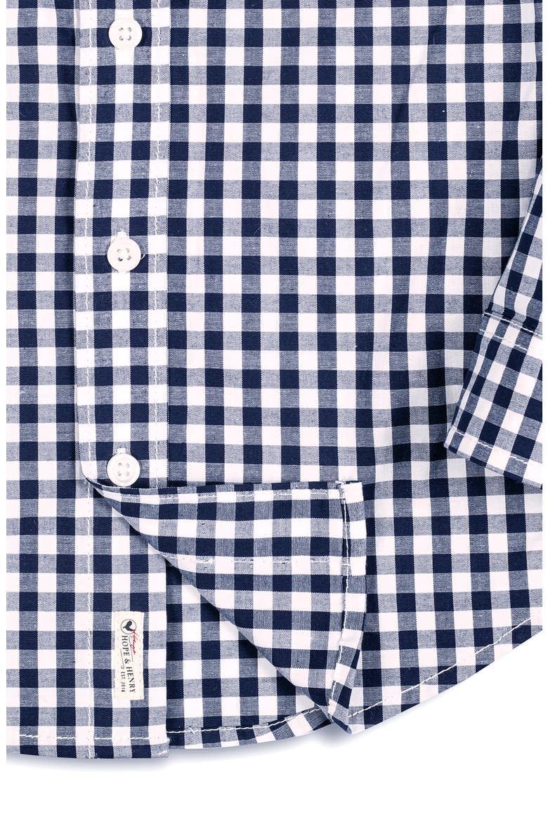 Kids' Organic Long Sleeve Stretch Poplin Roll-Up Button Down Shirt, Alternate, color, Navy Gingham