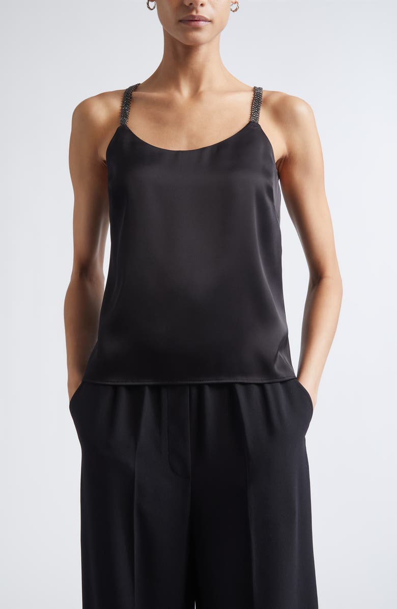 ST. JOHN Crystal Beaded Strap Liquid Satin Camisole, Main, color, Black