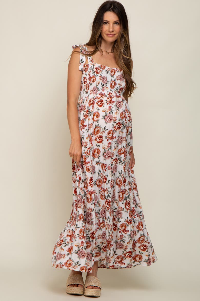 Floral Smocked Shoulder Tie Tiered Maxi Dress, Alternate, color, Pink
