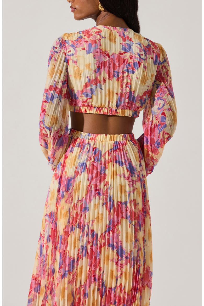 Revery Floral Pleated Cutout Long Sleeve Maxi Dress, Alternate, color, YELLOW PINK FLORAL