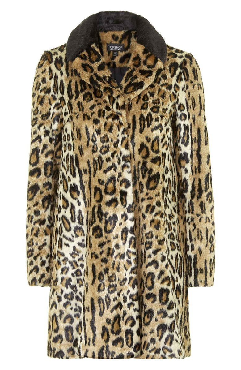 Topshop Leopard Print Faux Fur Swing Coat, Alternate, color, 