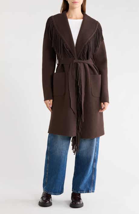Fringe Shawl Collar Wrap Coat