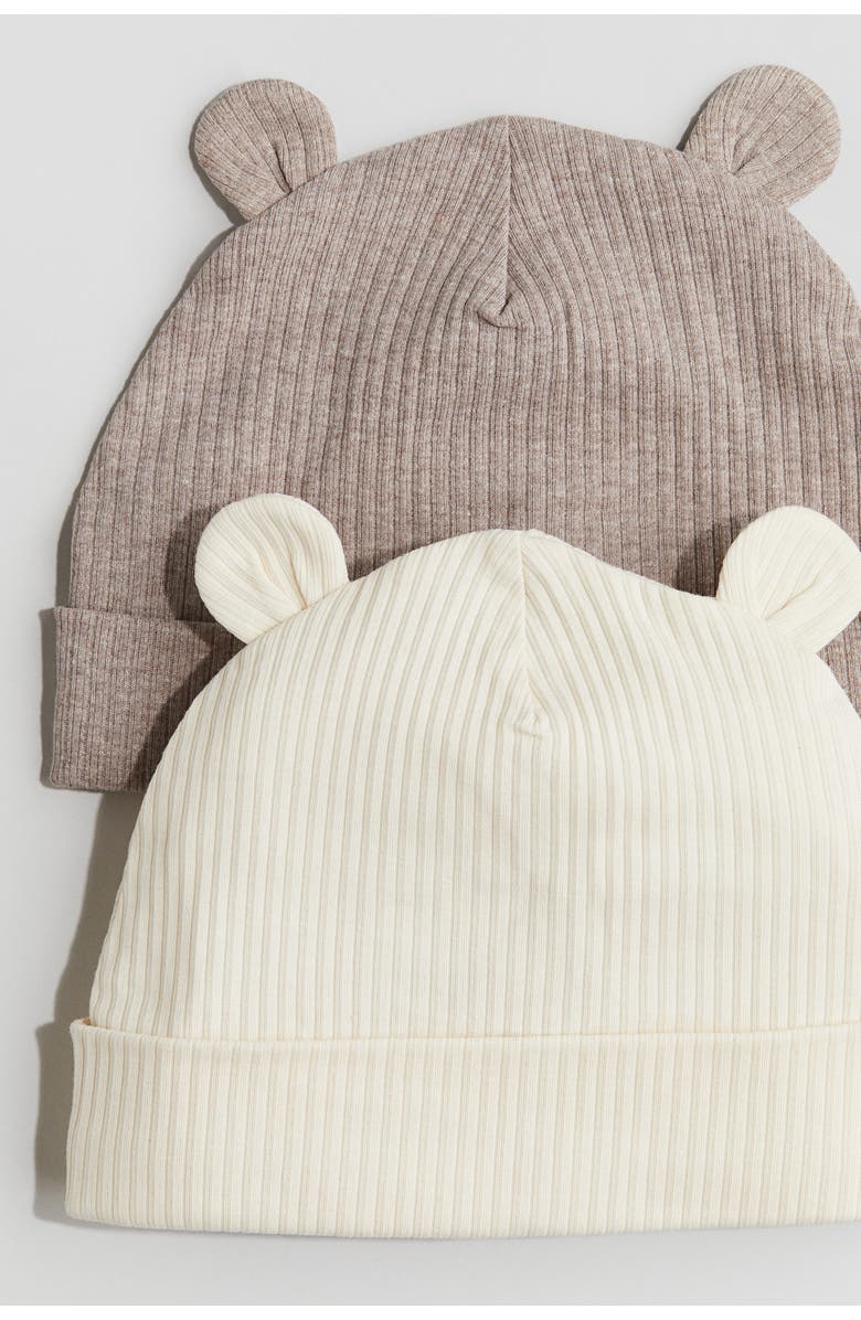 H&M 2-pack Ribbed Ear-detail Beanies, Alternate, color, Light Beige/Dark Beige Melange