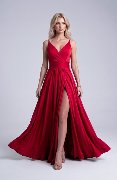 Cross Front Neck Empire Waist Satin Gown