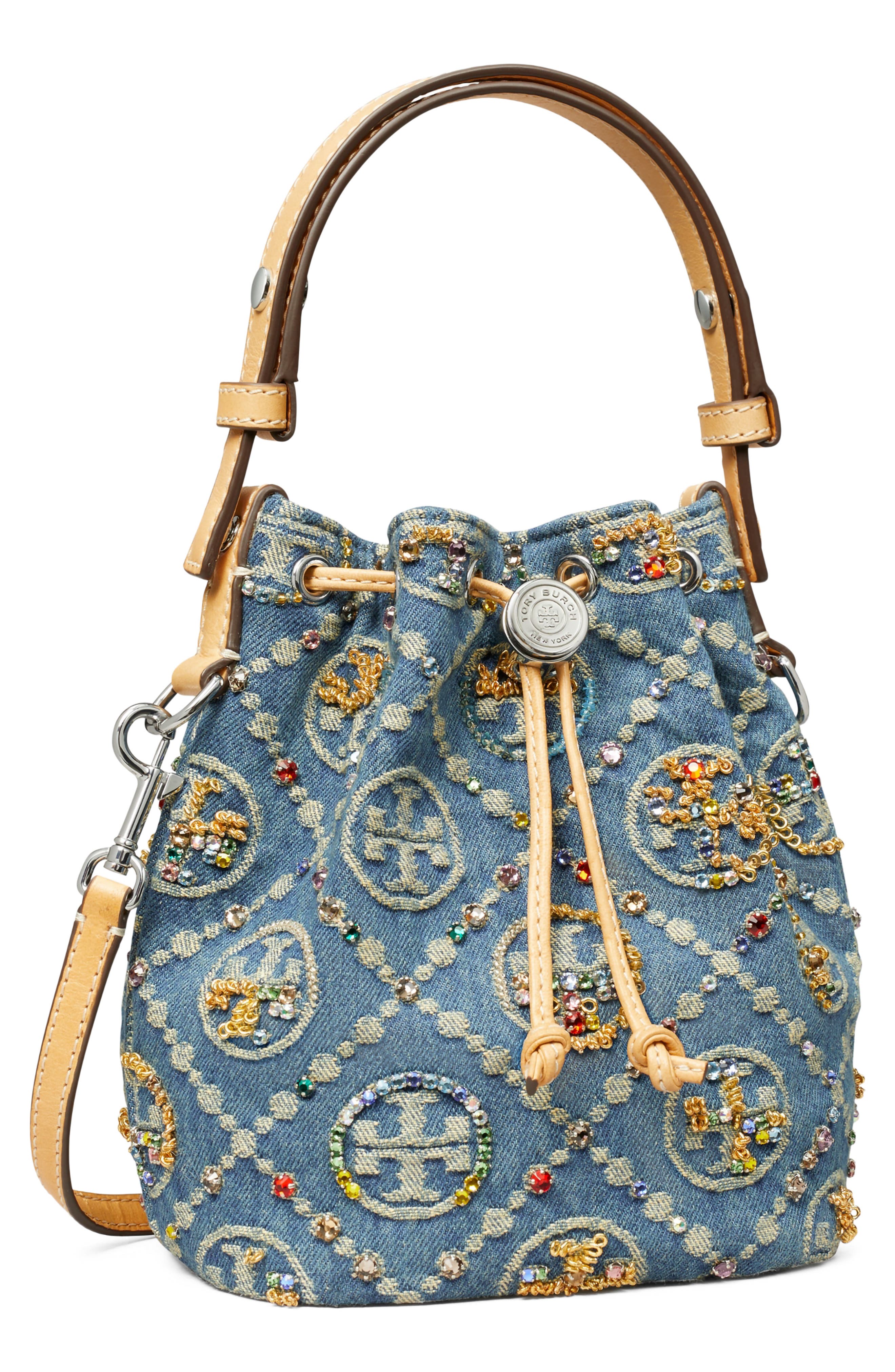 Tory Burch T Monogram Embellished Denim Bucket Bag, Alternate, color, 