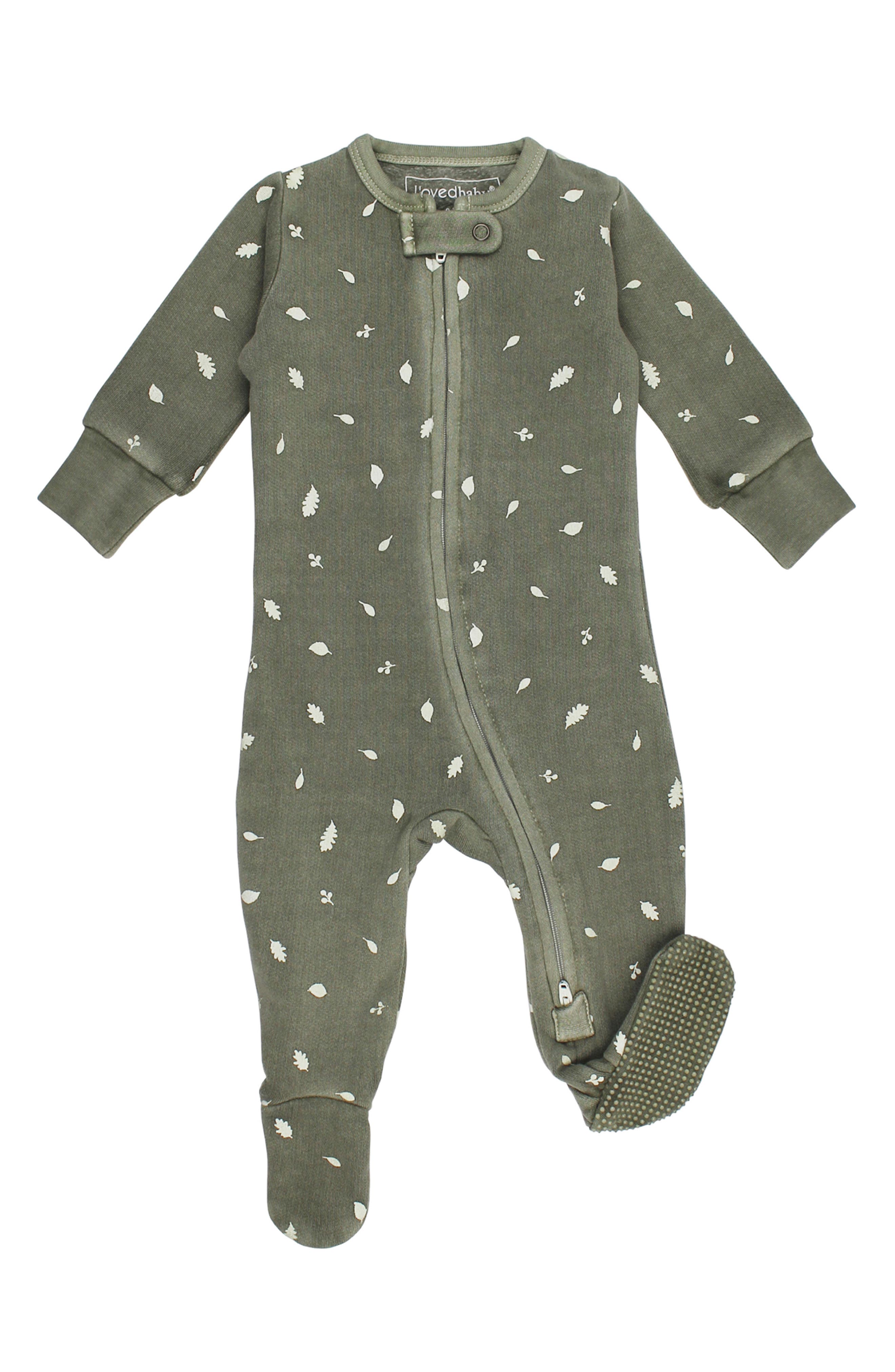 L'Ovedbaby Print Organic Cotton Zip Footie in Hunter Leaves 