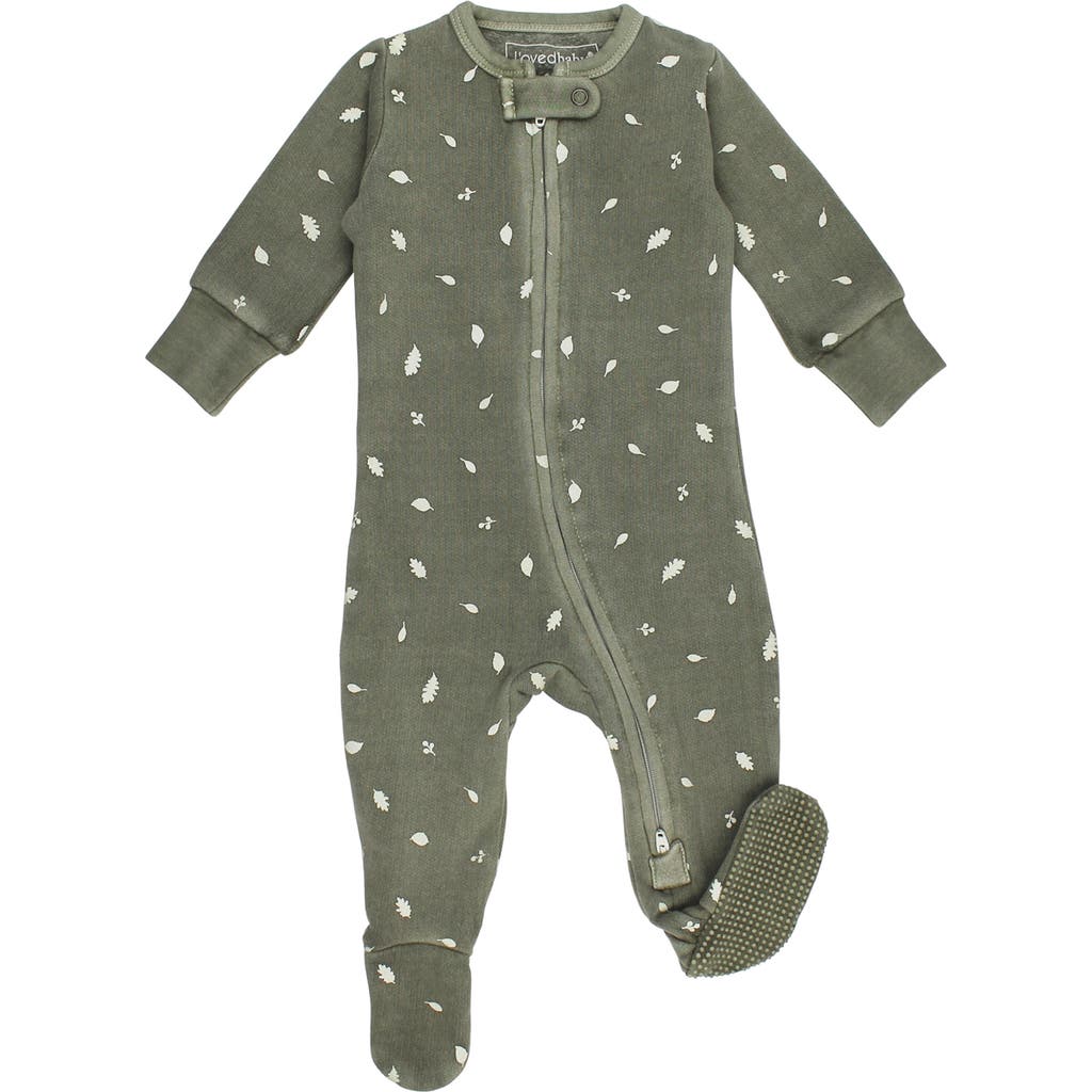L'Ovedbaby Print Organic Cotton Zip Footie in Hunter Leaves