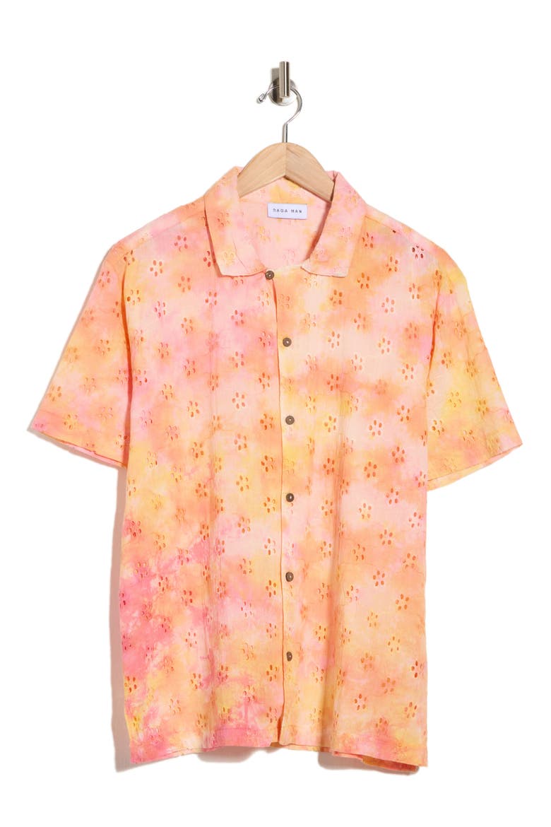 Sunrise Floral Eyelet Short Sleeve Button-Up Shirt, Alternate, color, PINK