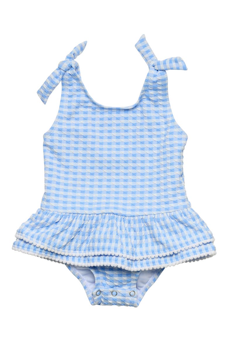 Seaside Gingham Skirted UPF 50+ One-Piece Swimsuit, Main, color, BLUE
