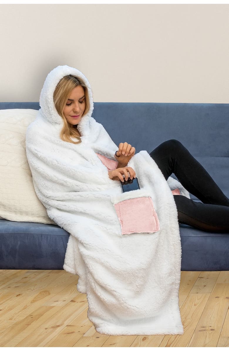 Duck River Textile Solid Hooded Reversible Throw Blanket with Side Pockets - Blush, Main, color,