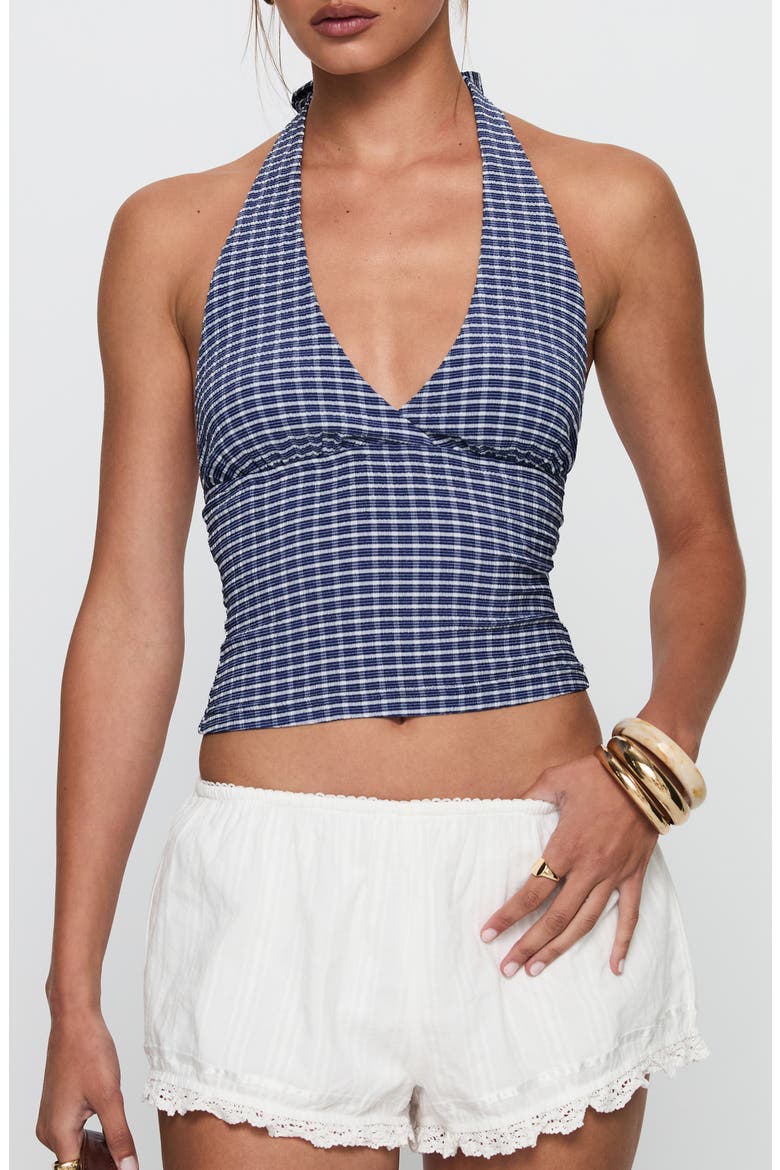 Whimsy Gingham Halter Top, Main, color, NAVY GINGHAM