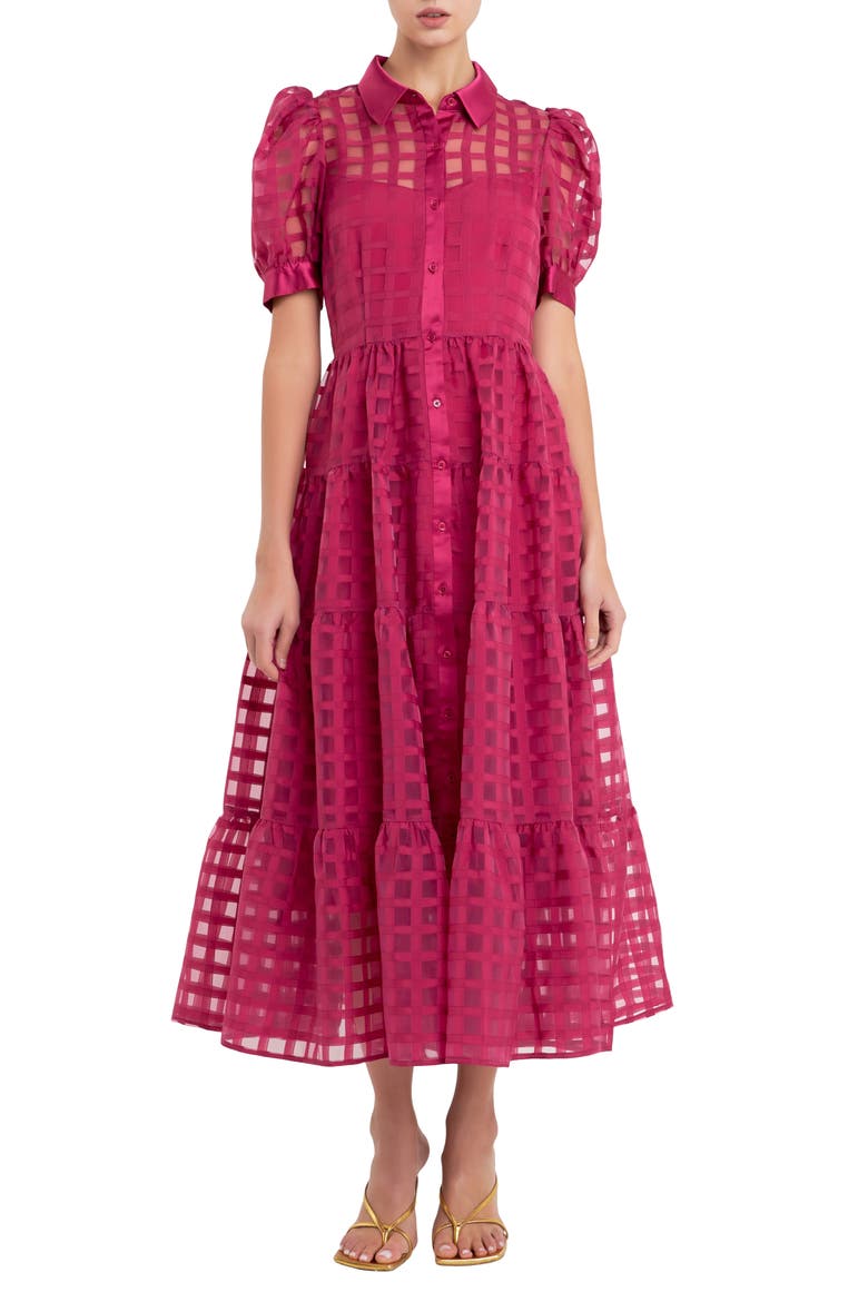 Grid Pattern Tiered Midi Shirtdress, Main, color, BORDEAUX