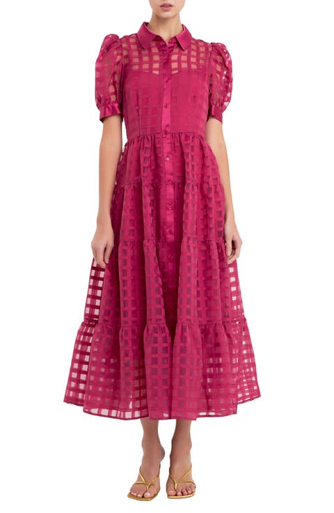 Grid Pattern Tiered Midi Shirtdress