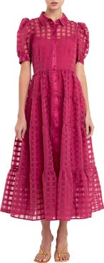 English Factory Grid Pattern Tiered Midi Shirtdress