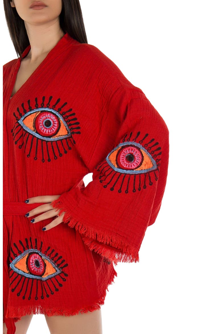Sereia Evil Eye Handmade Cotton Short Robe Cover-Up, Alternate, color, Red