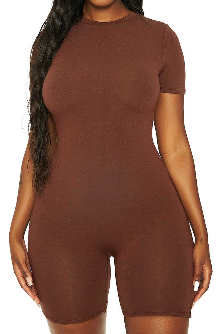 x Mama Malika Short Sleeve Romper, Main, color, BROWN