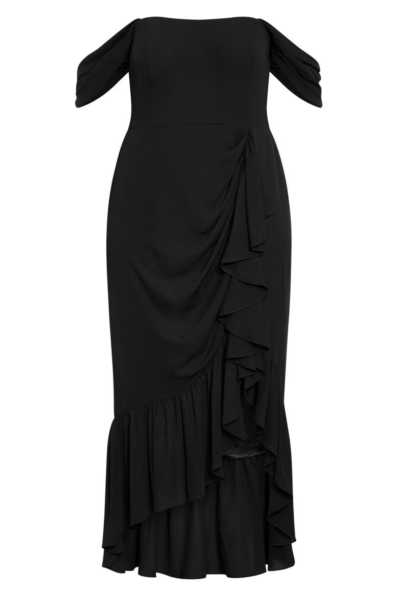 Ruffle Off the Shoulder High/Low Maxi Dress, Alternate, color, BLACK