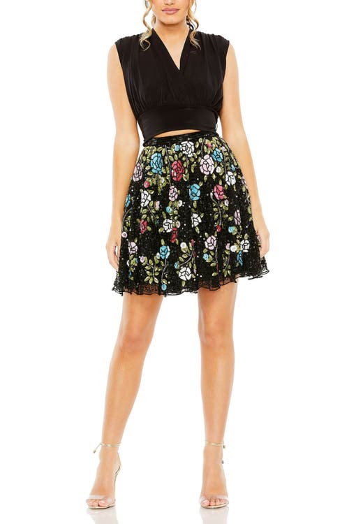 Mac Duggal Sequined Floral Flowy Mini Skirt In Black Multi