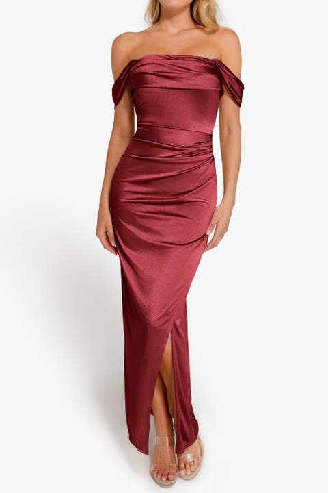 Shapewear Off Shoulder Shine Ruched Sculpting Maxi Dress