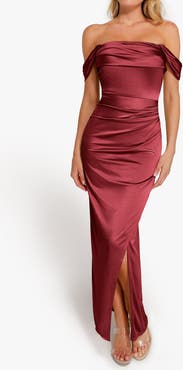 Popilush Liquid Metallic Fabric Off Shoulder Shine Ruched Sculpting Maxi Shapewear Dress
