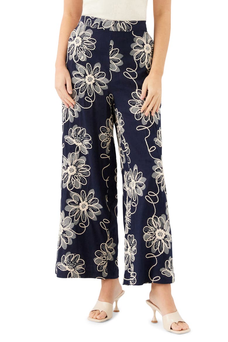 Adara Floral Embroidered Wide Leg Pants, Main, color, NAVY