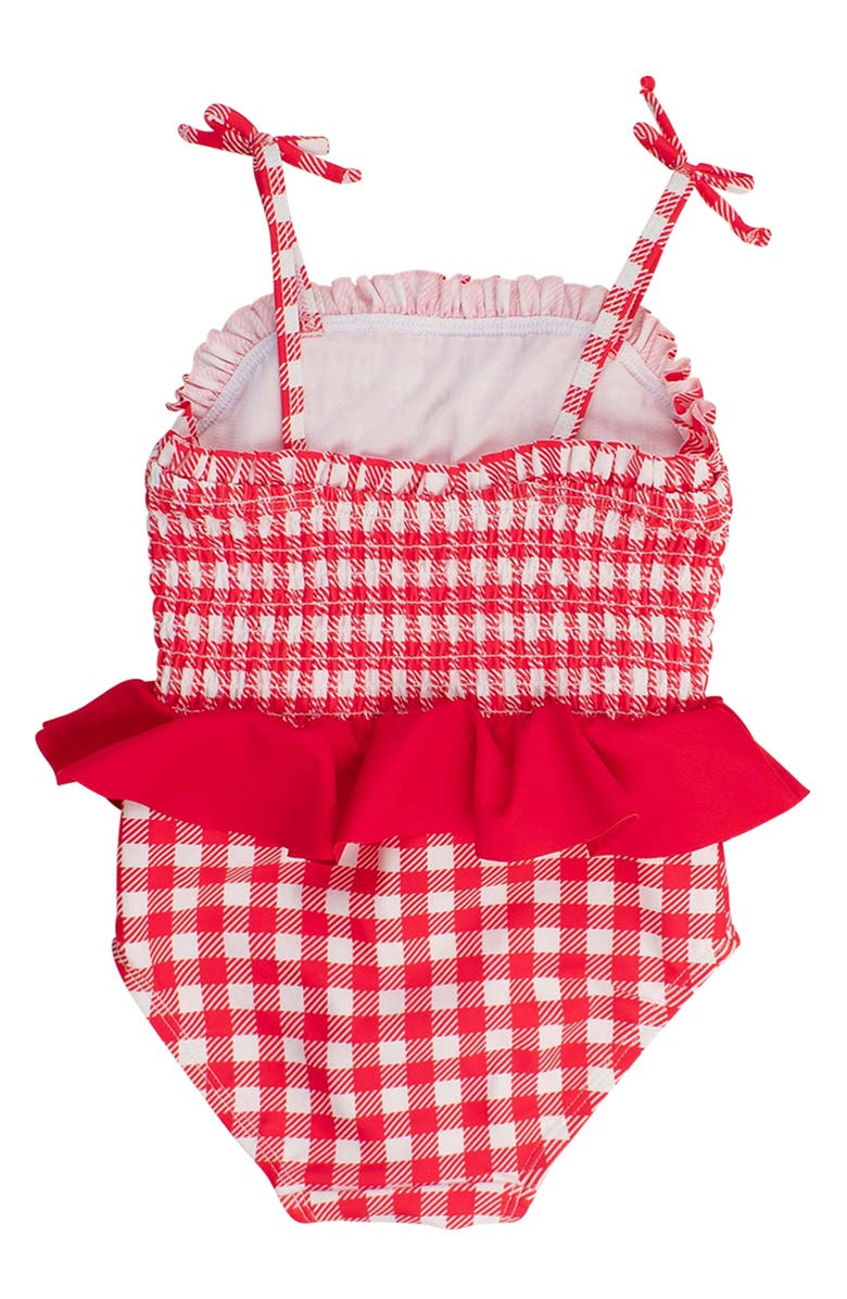 RuffleButts Kids' Red Gingham Smocked Peplum One-Piece Swimsuit, Alternate, color, 