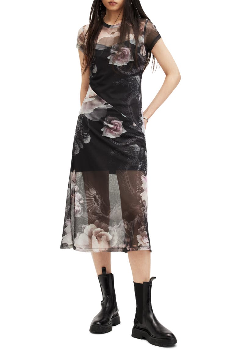 Hanna Valley Floral Mesh Midi Dress, Main, color, BLACK MONO