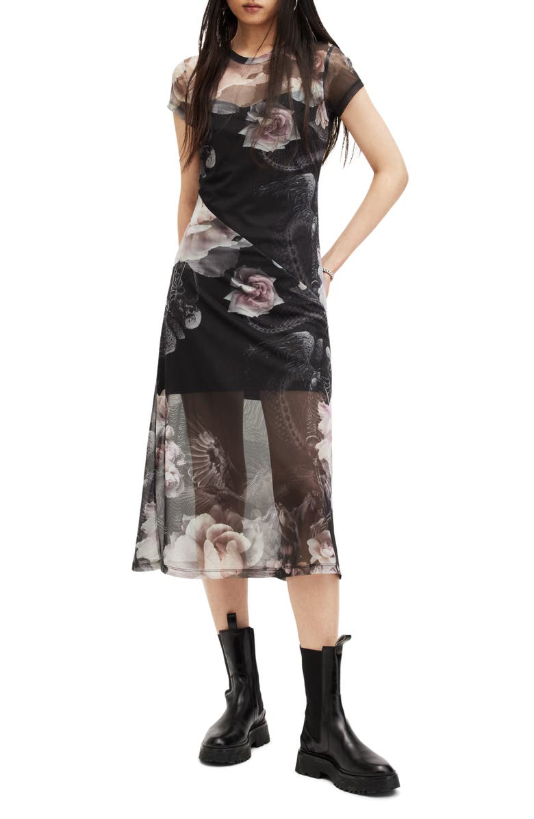 AllSaints Hanna Valley Floral Mesh Midi Dress, Main, color,