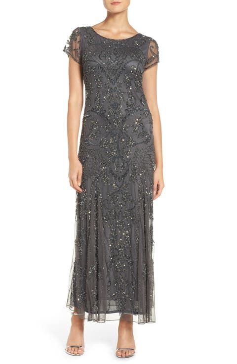 Beaded Mesh Midi Cocktail Dress