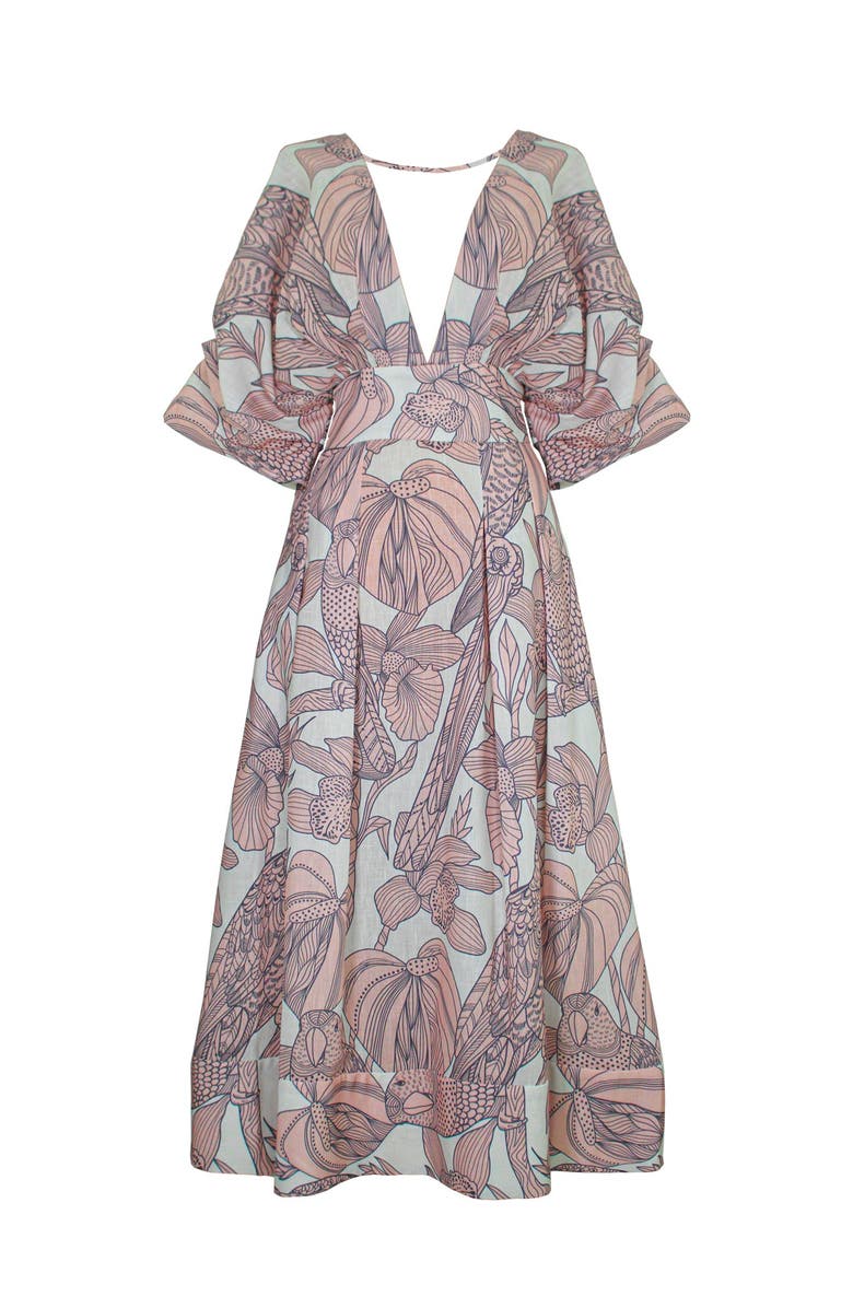 NO PISE LA GRAMA Barlovento Midi Dress, Main, color, Canario Pink Print