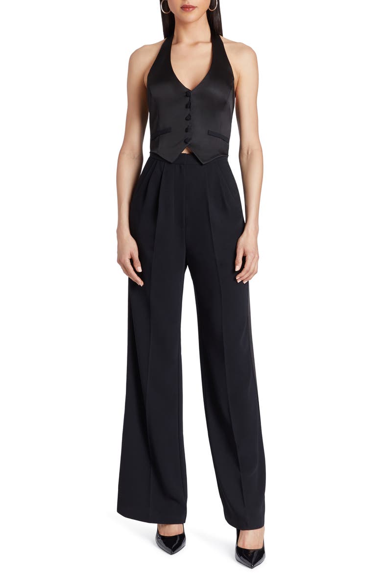 Amanda Uprichard Isadore Satin Trim Wide Leg Halter Jumpsuit, Main, color, 